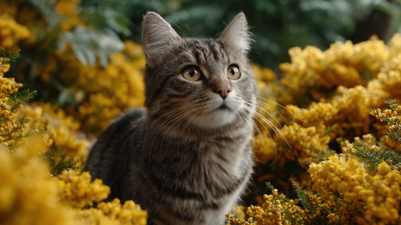 A Curious Cat Amidst Vibrant Yellow Flowers: Captivating Moments of Feline Exploration in a Lush Floral Environment