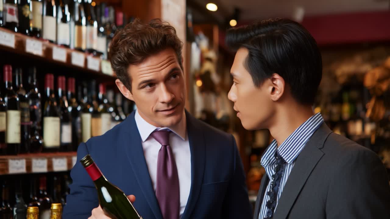 Two gentlemen engaged in a thoughtful conversation while selecting fine wines in an upscale wine shop, showcasing an atmosphere of sophistication, choice, and quality amidst the vast array of bottles available