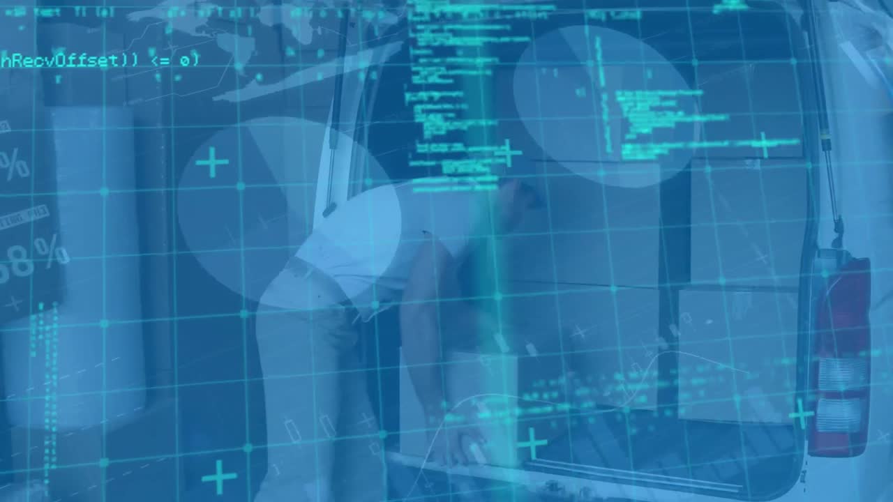 그의 밴에 배달 상자를 쌓는 백인 배달 남자에 대한 통계 데이터 처리