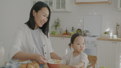mother feeding her baby breakfast in the kitchen