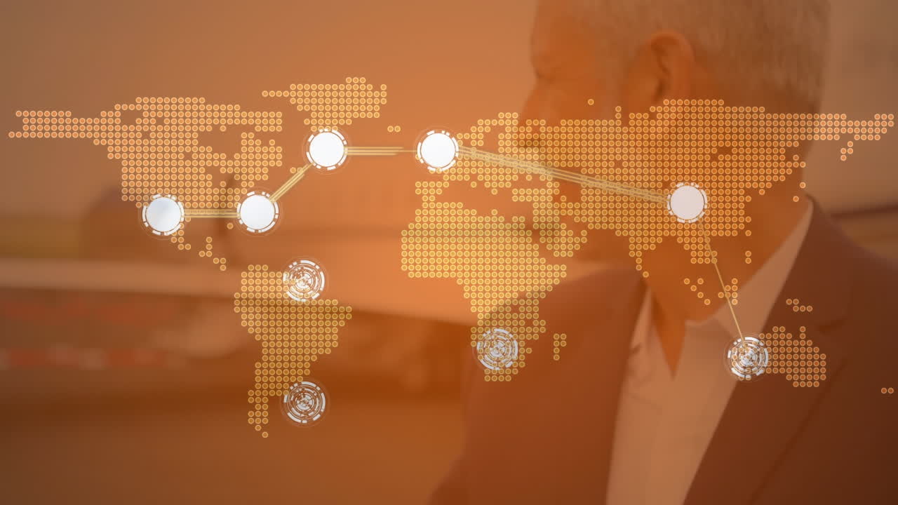 공항에서 카우카스 사업가에 대한 연결 네트워크와 세계 지도의 애니메이션