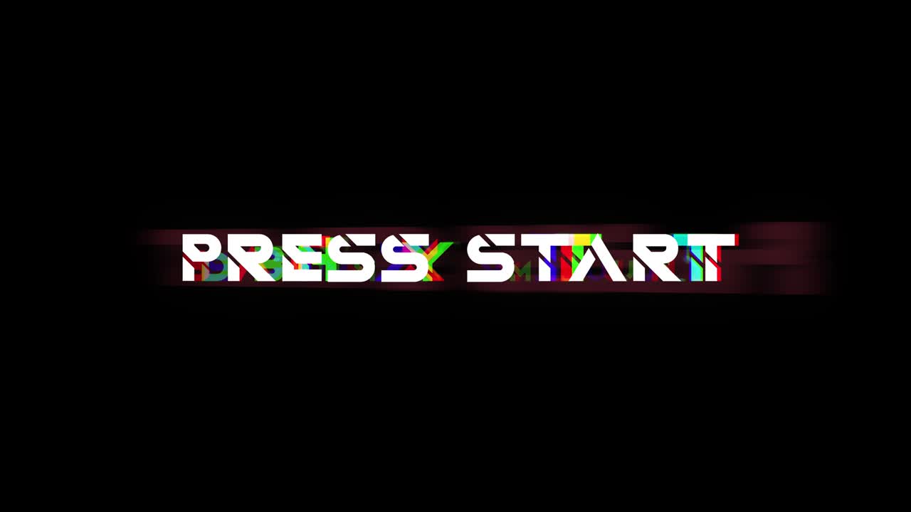 retro videogame PRESS START text computer HUD holographic glitch interference noise screen animation seamless loop