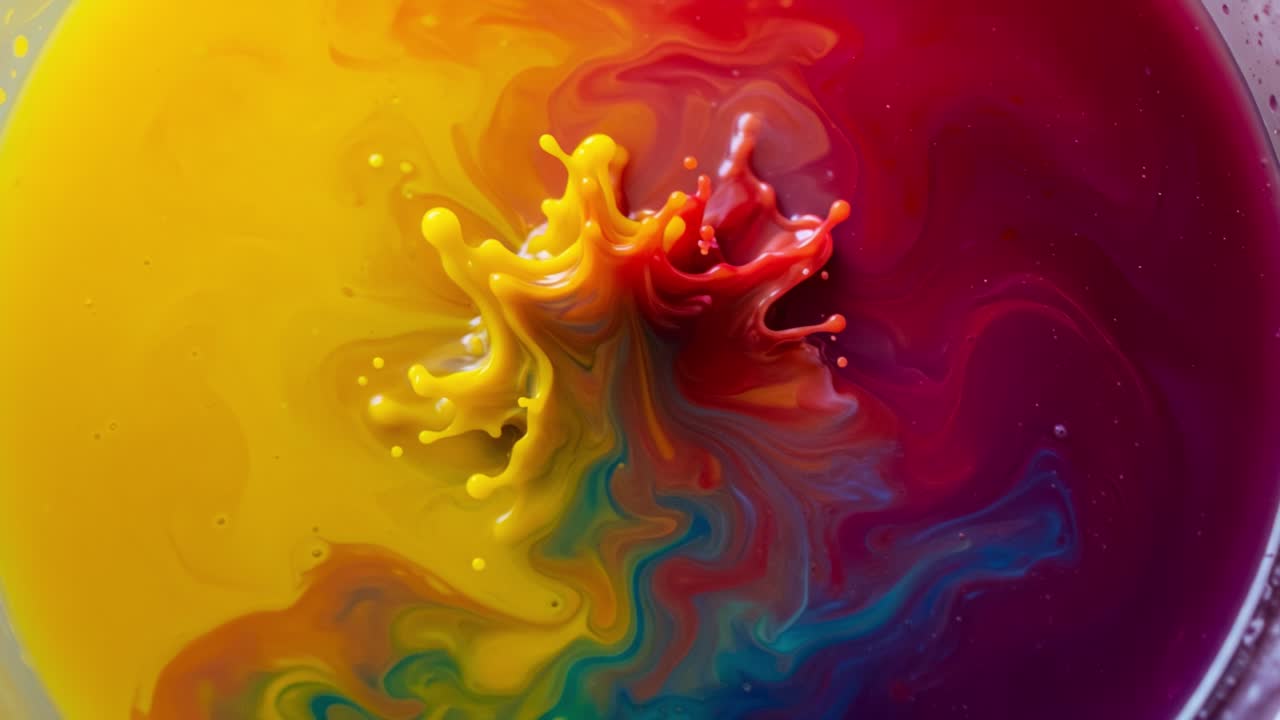 A Stunning Swirl of Colors: Vivid Fluid Dynamics in Paint Blending Bold Hues of Yellow, Red, and Blue in a Captivating Artistic Display