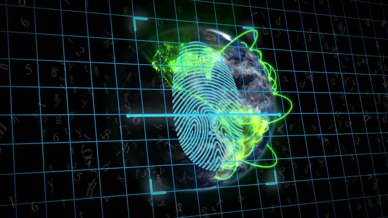 Globe appearing, fingerprint fading in, cyan scan bar sweeping, green arcs orbiting completing scan