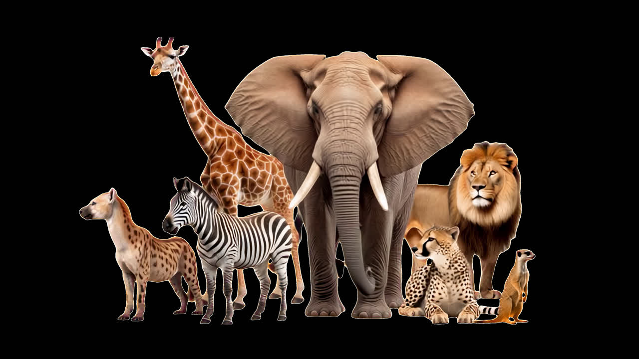 Diverse African wildlife ensemble animation isolated asset, transparent 4K video, alpha channel