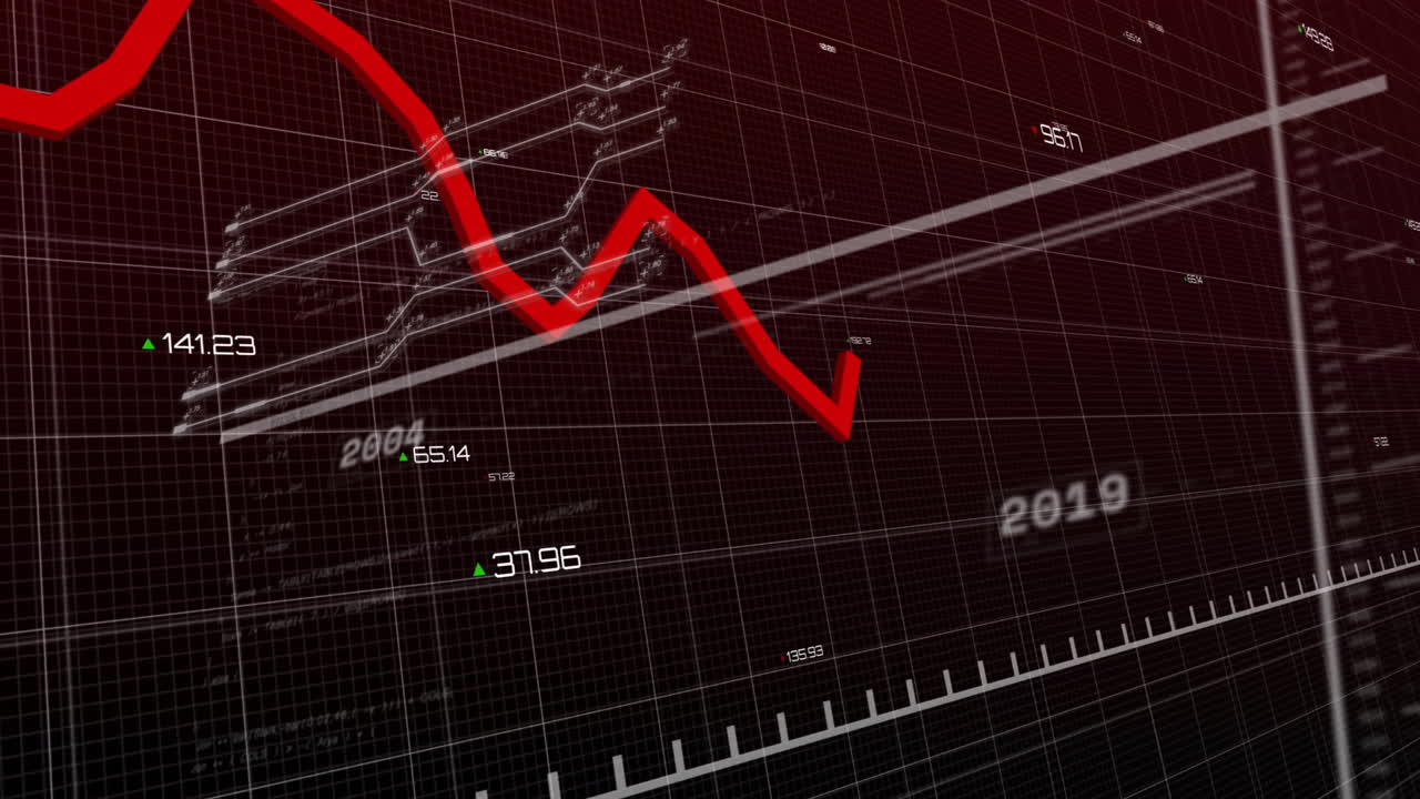 Animation of financial data processing over dark background
