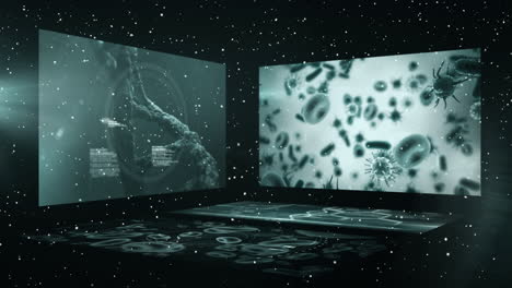 animation of snow falling over screens with data processing and viruses