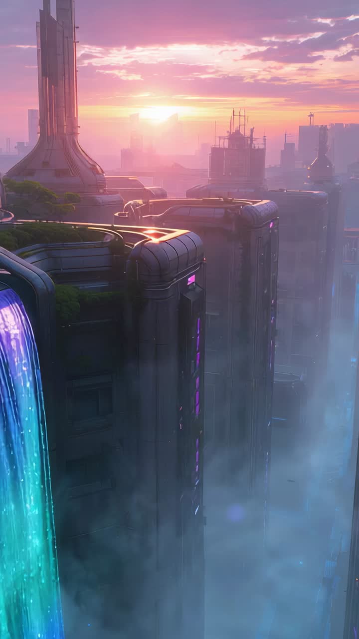 Vertical video: Moving camera down over future city at sunrise, showing left tower turquoise falls