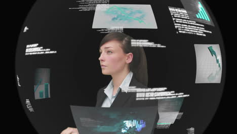 Businesswoman-using-interactive-touchscreen-on-black-background