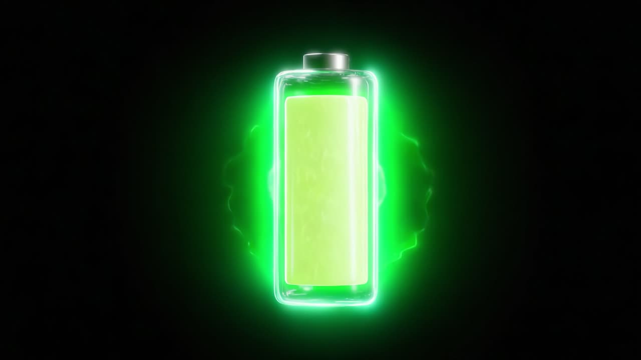 An Energizing Visual of a Fully Charged Battery with a Glowing Halo Emphasizing Its Vibrant Green Power Source Against a Dark Background