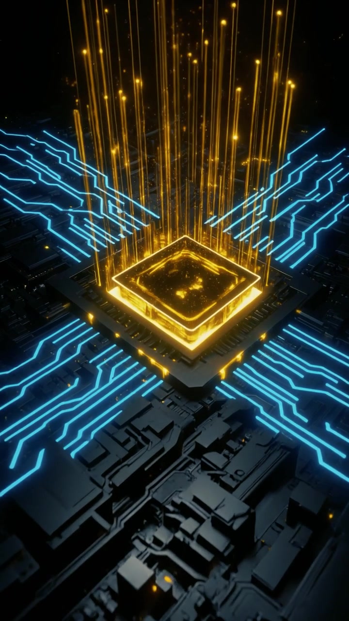 Digital Processor Chip with Glowing Data Streams on Circuit Board