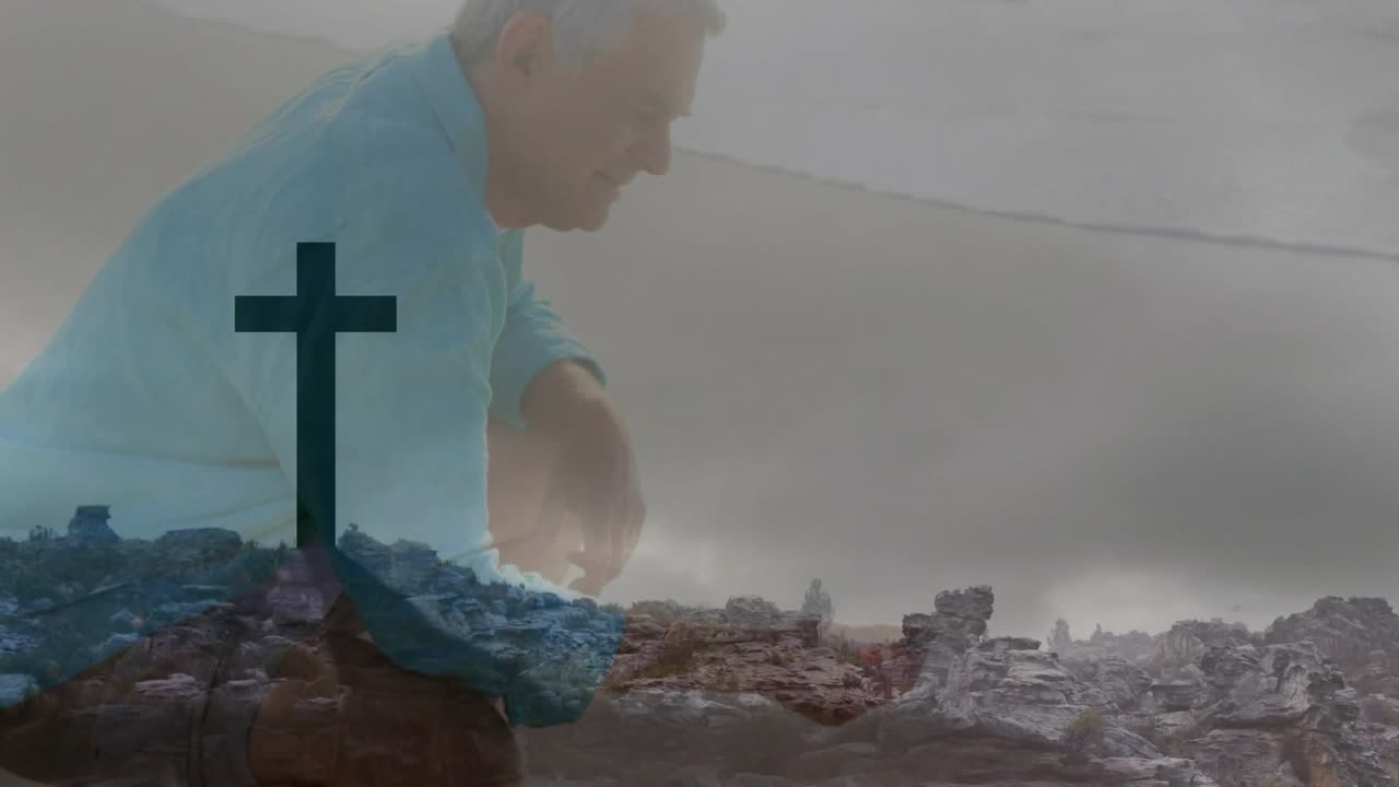 Senior man reaching then extending hand, offering while dissolving with cross and rocks for film