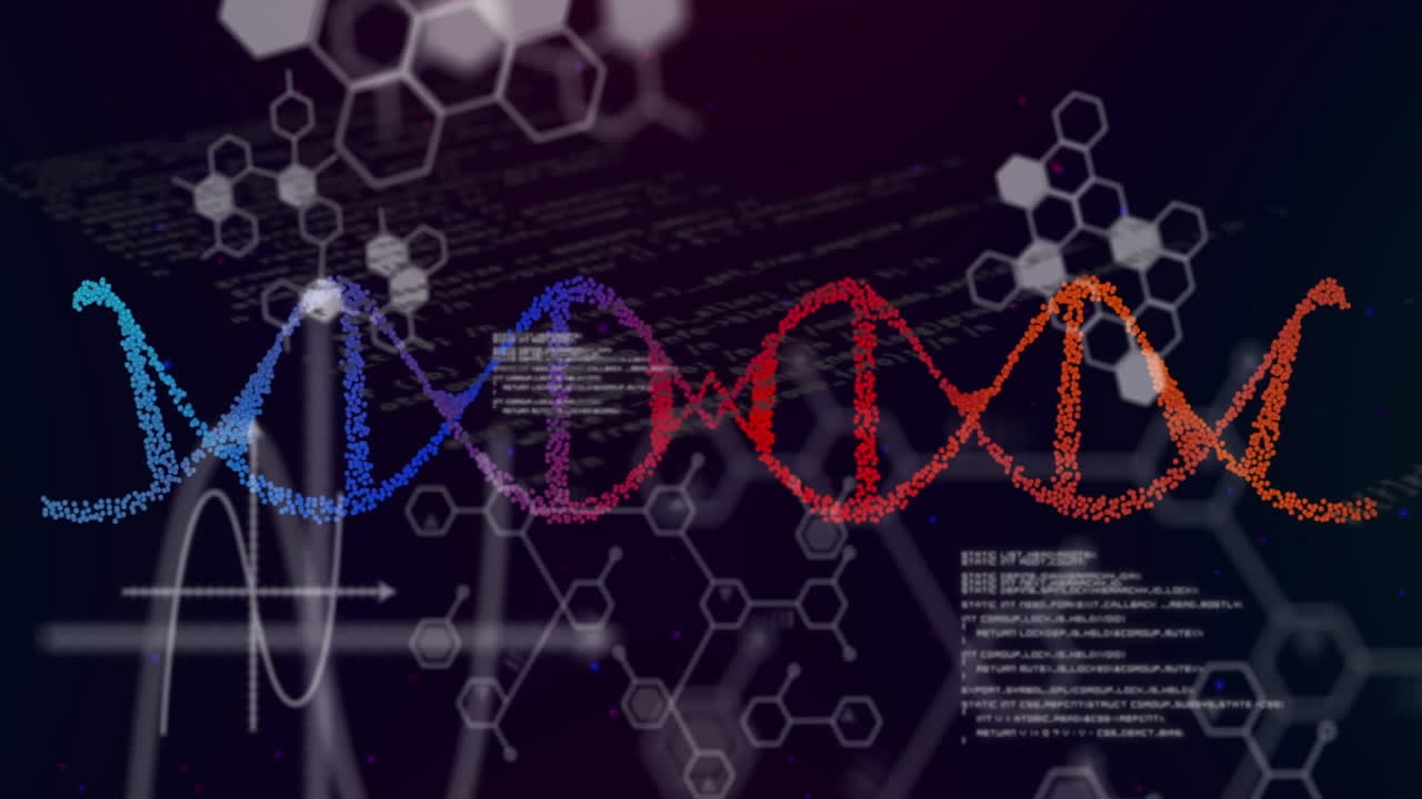검은 바탕에 있는 dna 가닥 위의 데이터 처리의 애니메이션