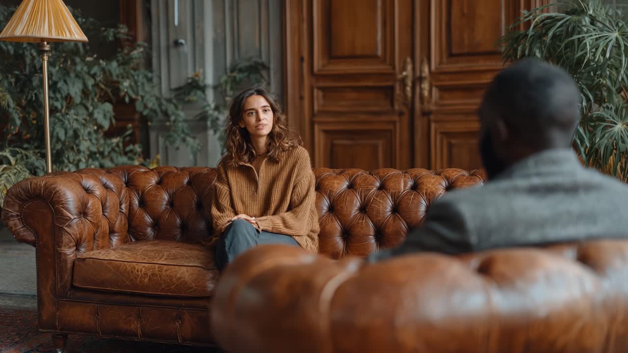 A serene moment captured in a cozy living space, showcasing an engaging conversation amid elegant decor and a warm atmosphere, highlighting connection and intimacy