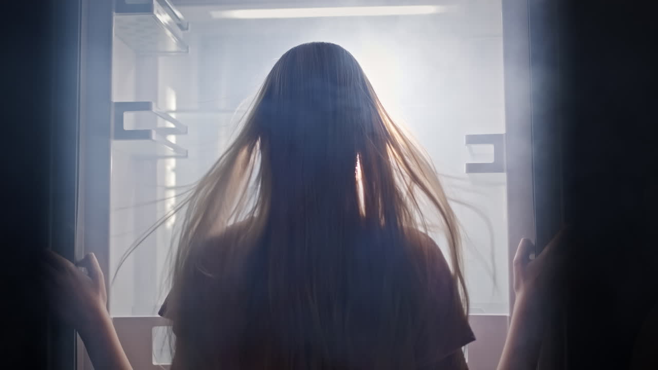 젊은 여성이 냉장고 문을 나란히 열고 있다. 거기에서 바람이 불고 안개가 사라집니다.