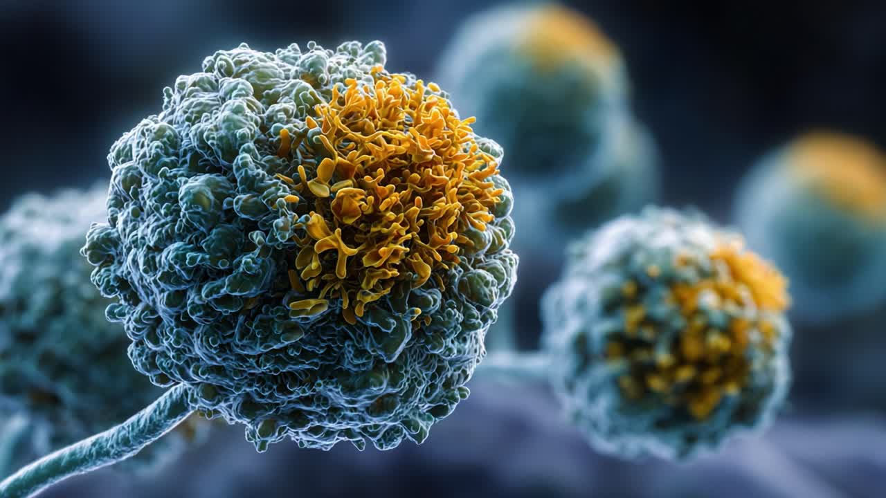 Una straordinaria immagine ravvicinata di spore fungine al microscopio, che mette in risalto la loro struttura intricata e i colori vivaci con dettagli incredibili