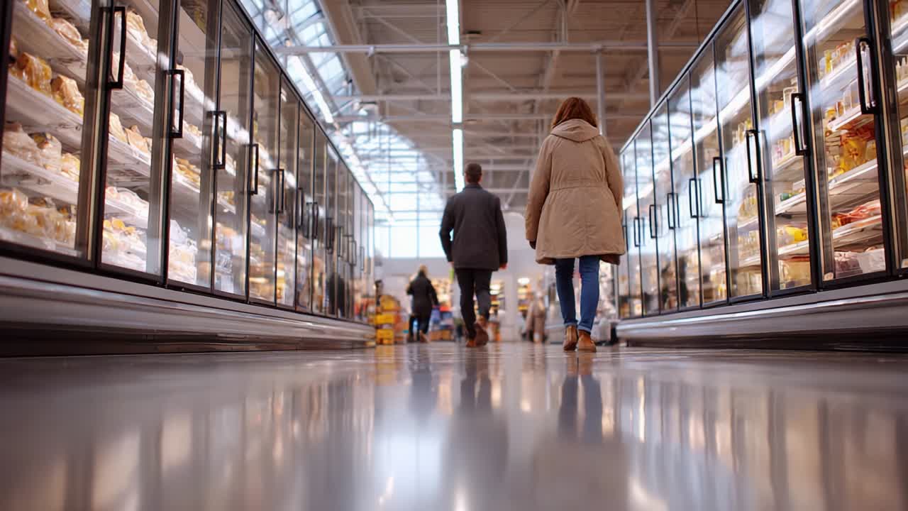 Exploring the Aisles: Two Individuals Stroll Through a Grocery Store Frozen Food Section, Surrounded by Open Freezers Displaying a Variety of Packaged Food Choices Under Bright Lighting