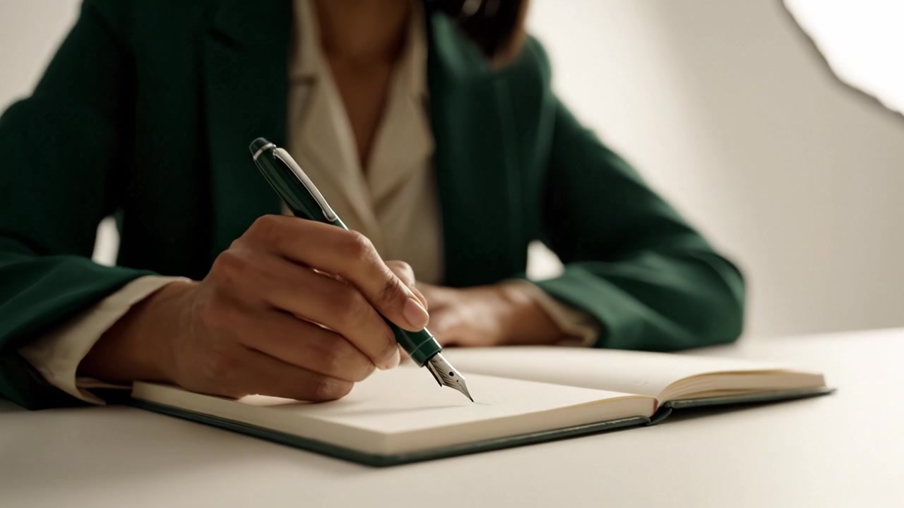 Focused Individual Writing in a Notebook with a Green Pen, Capturing Moments of Inspiration and Creativity during a Calm and Reflective Time in a Minimalist Space