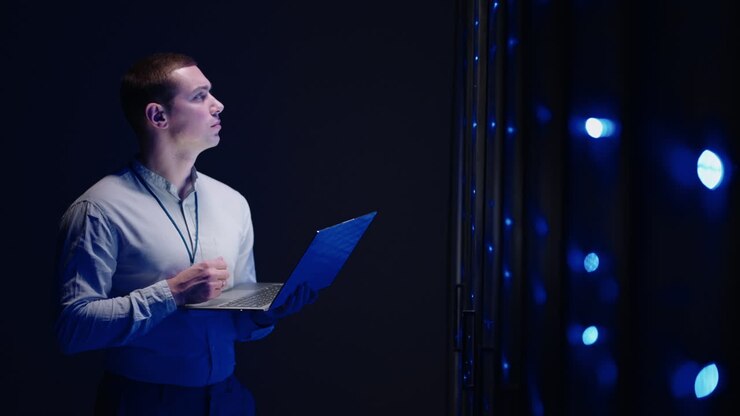 Concept of Digitalization of Information: IT Specialist In front of Server Racks with Laptop Activates Data Center with a Touch Gesture. Working on a Laptop Standing Before Open Server Rack Cabinet