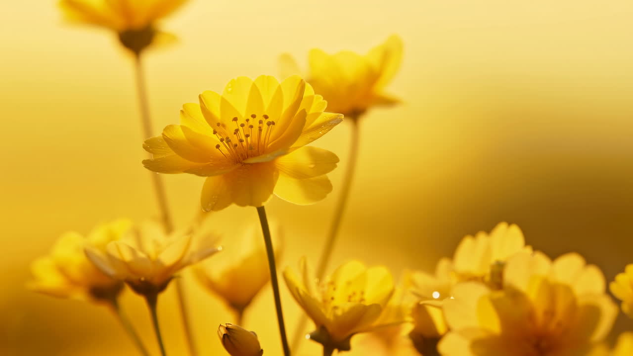 Fine gule blomster med vanddråber i gyldent sollys
