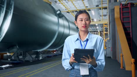 una mujer de negocios asiática usando una tableta mirando a su alrededor en una fábrica de fabricación de tubos