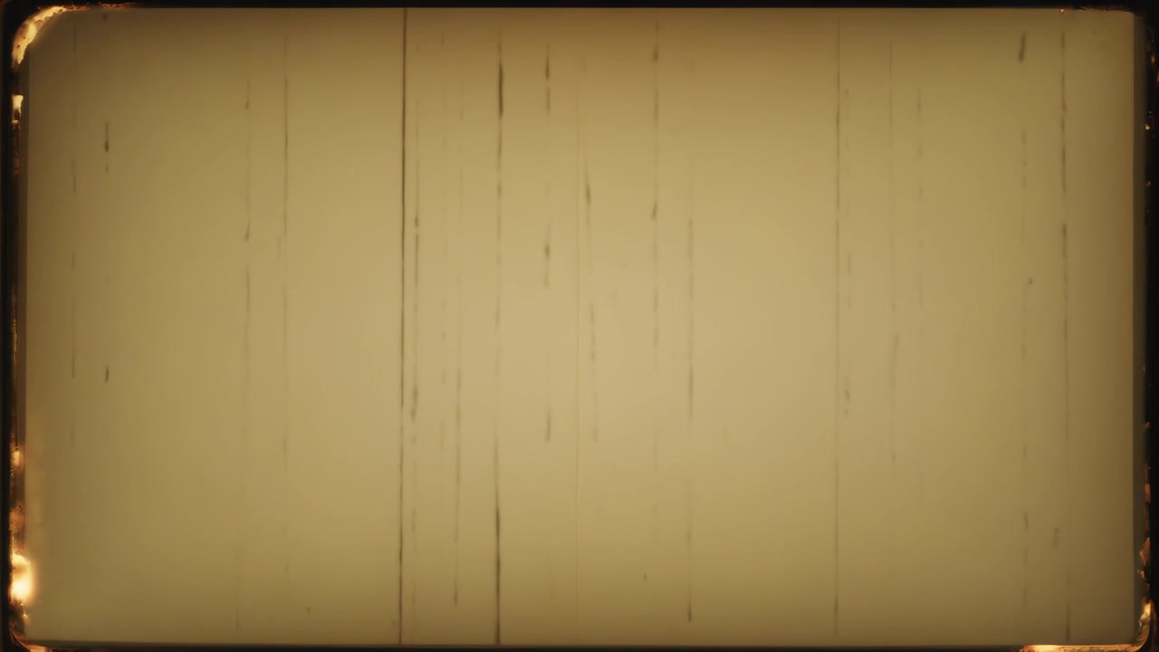 Quadro de filme antigo tremeluzente mostrando arranhões, granulação na tela com a lâmpada acendendo e cantos queimados.