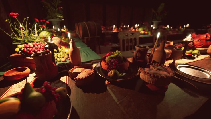 A festive gathering with a variety of food and drinks on a rustic table