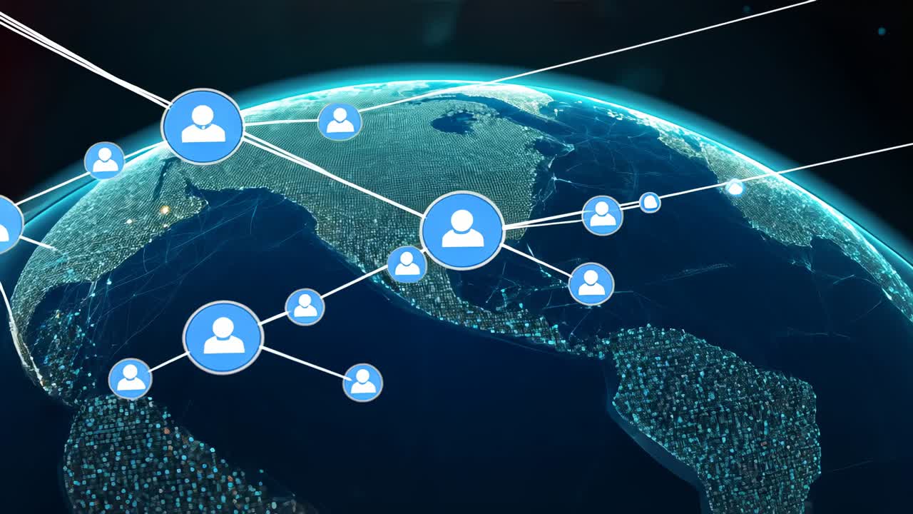 Fading blue user icon expanding network across Earth in space showing connectivity with grid lines