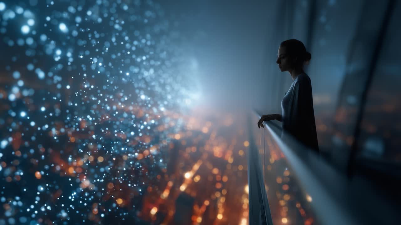 Una figura solitaria osserva il luminoso paesaggio urbano di notte, circondata da una cascata turbinante di luci eteree e particelle scintillanti che intensificano l'atmosfera.