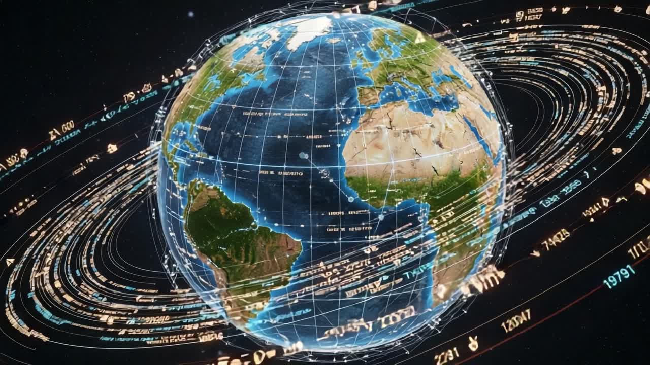 A Stunning Visualization of Earth Surrounded by Dynamic Orbital Graphics Illustrating Temporal Data and Astronomical Patterns in Space