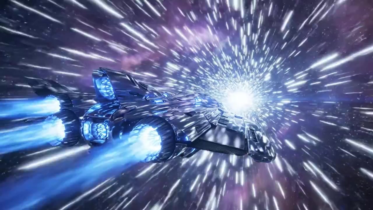 Un'astronave futuristica naviga attraverso un brillante vortice di luce ed energia nelle profondità dello spazio, mostrando tecnologia avanzata e movimento emozionante.