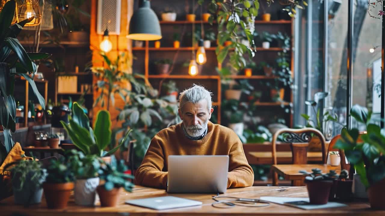 Senior Man Working on Laptop in a Cozy Plant-Filled Cafe
