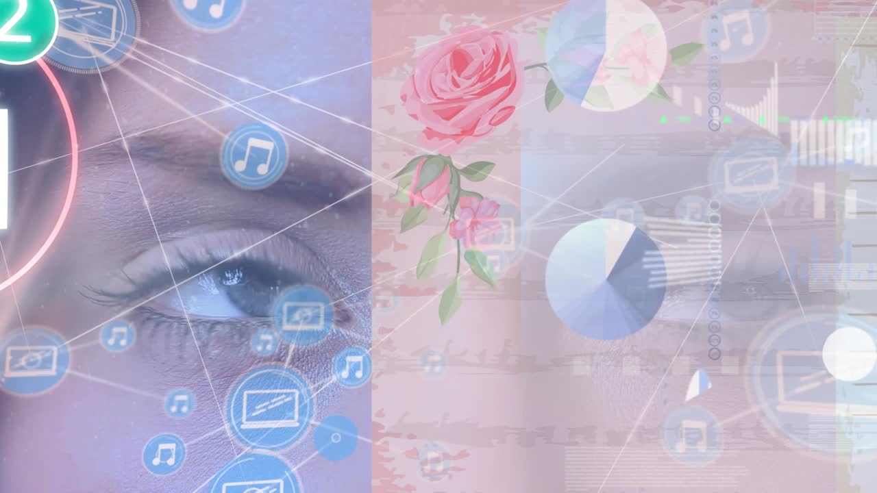 Animation of rose, network of connections with icons over woman's face