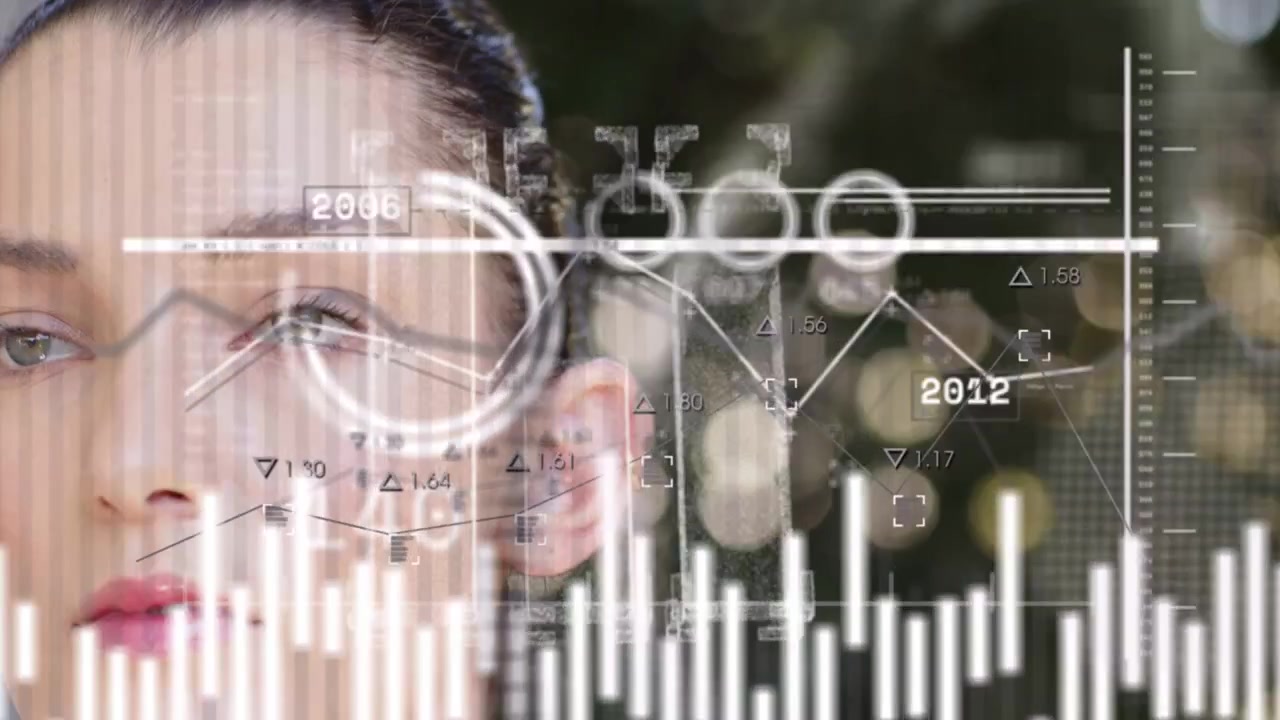 Woman glancing right as timeline advancing, waveform charts animating over face showing tech trends