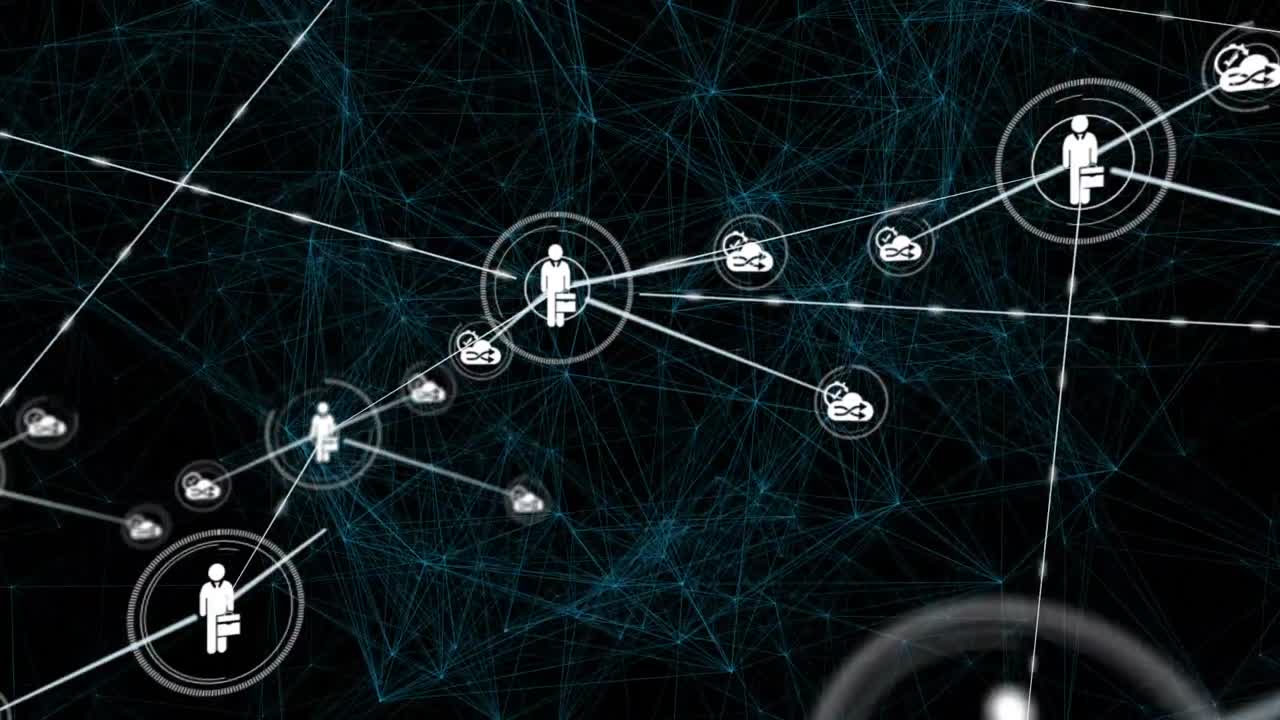 Animation of network of connections with icons over black background