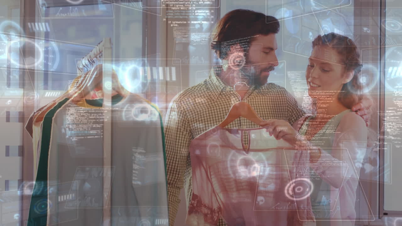 가게에서 함께 옷을 보는 미소 짓는 부부 위에 데이터 처리의 애니메이션