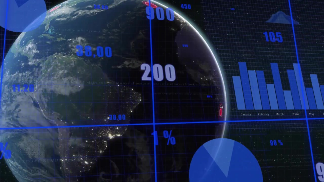 Animazione di elaborazione di dati finanziari su globo su sfondo nero