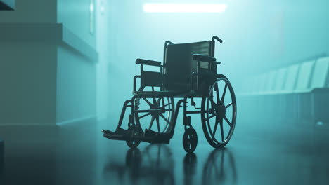 Standard-manual-wheelchair-in-empty,-foggy-hospital-corridor.-Zoom-out-camera.-Symbolizes-disability-of-handicapped-people-caused-by-illness-or-injury.-Medical-video-with-cinematic-blue-colors.