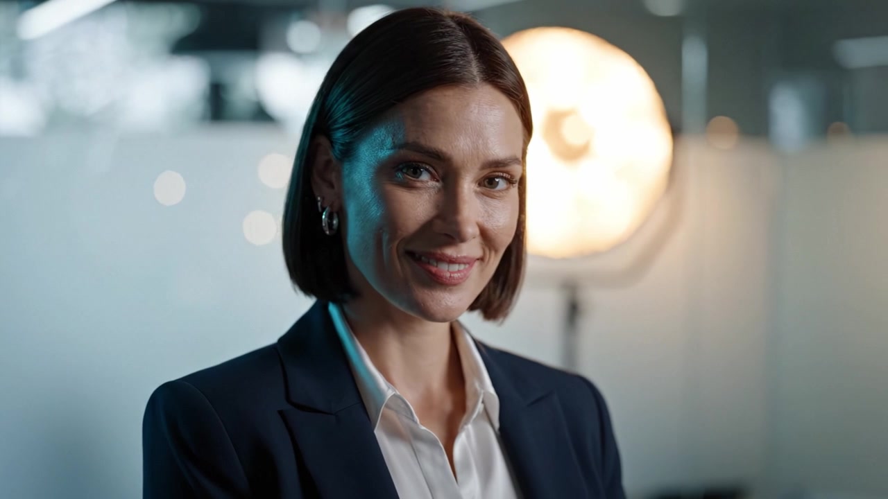 Donna sicura di sé in abbigliamento professionale con un'espressione pensierosa sotto un'illuminazione soffusa in un moderno ambiente d'ufficio, che irradia professionalità e carisma.