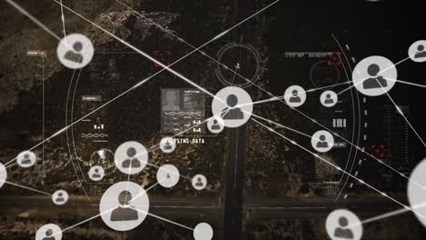 animation of network of connections and scope scanning over cityscape