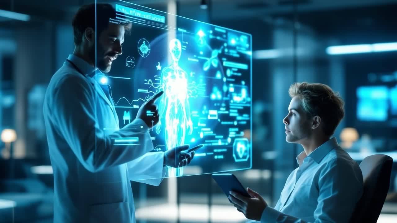 Medical professional examining holographic human anatomy using advanced digital interface in high tech research environment