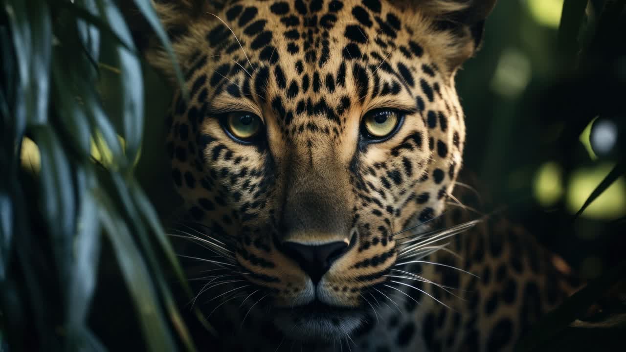Close-up video shot of a leopard's face through foliage, capturing its intense gaze