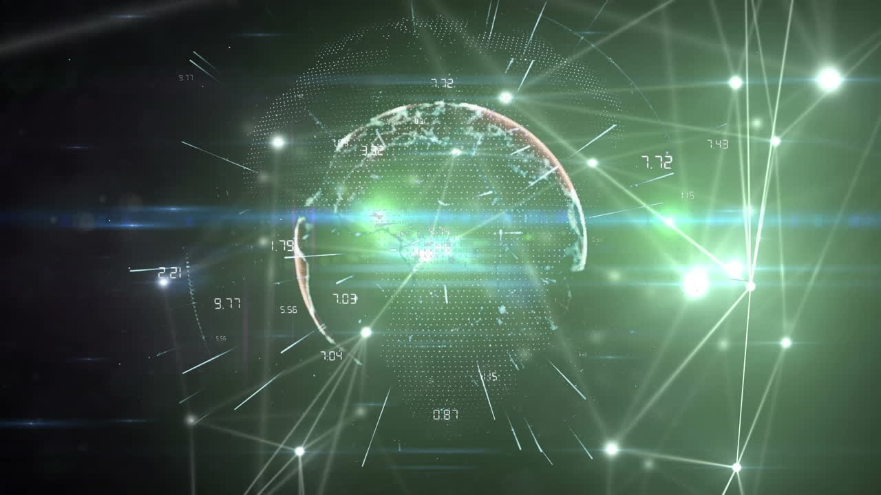 검은 바탕에 있는 선으로 연결된 점으로 전 세계에 있는 숫자의 애니메이션