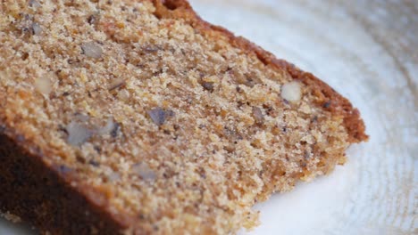 close-up of a slice of nut cake