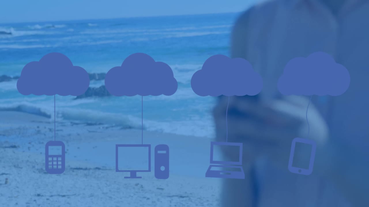 스마트 폰을 사용하는 백인 여성 위에서 전자 장치로 구름의 애니메이션