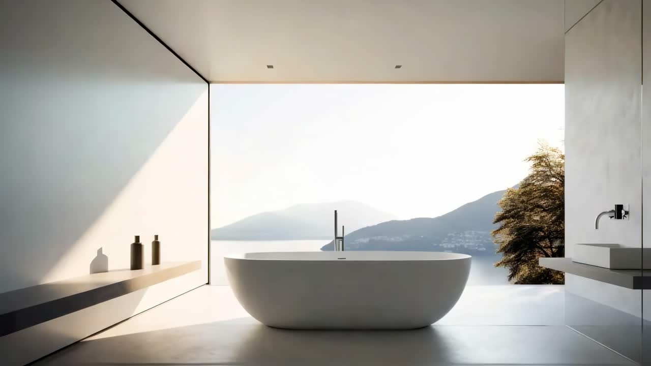 Minimalistiskt badrum med ett fristående badkar, panoramavy av berg och sjö