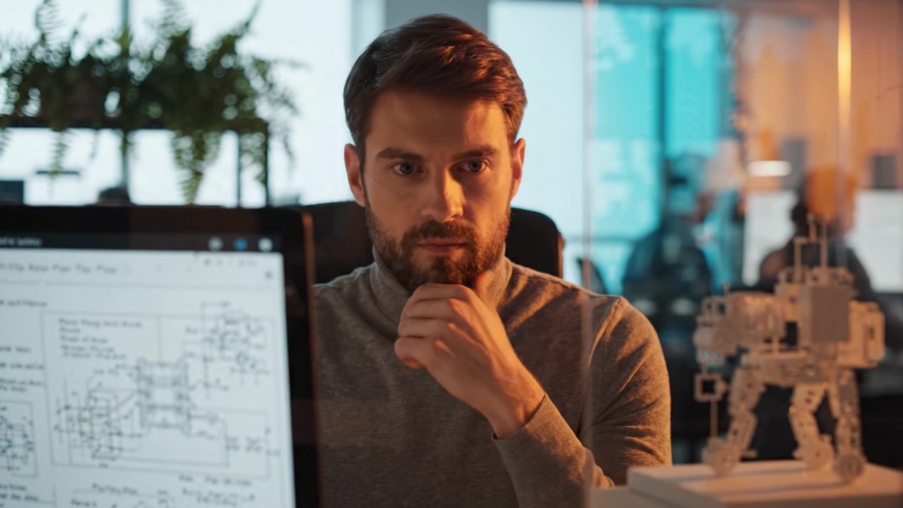 Engaged Engineer Analyzing Schematics and Robotics in a Modern Workspace Setting with Intricate Designs on Display and Innovative Technology