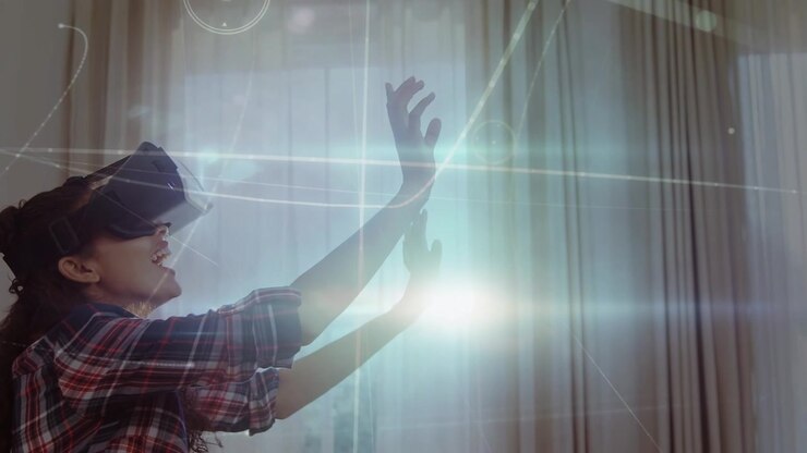 Network of connections and spot of light over woman wearing vr headset at home