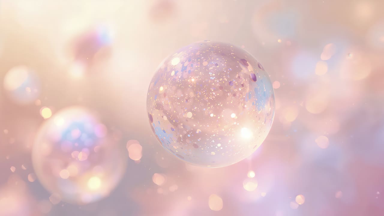 Playback starting glitter orb pulsing, revealing patterns in CGI scene with drifting spheres