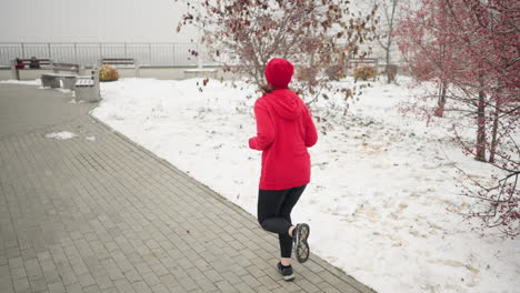 back view of woman jogging along paved snow-covered path with a warm smile during winter, surrounded by serene park scenery, barren trees, benches, and snowy landscape